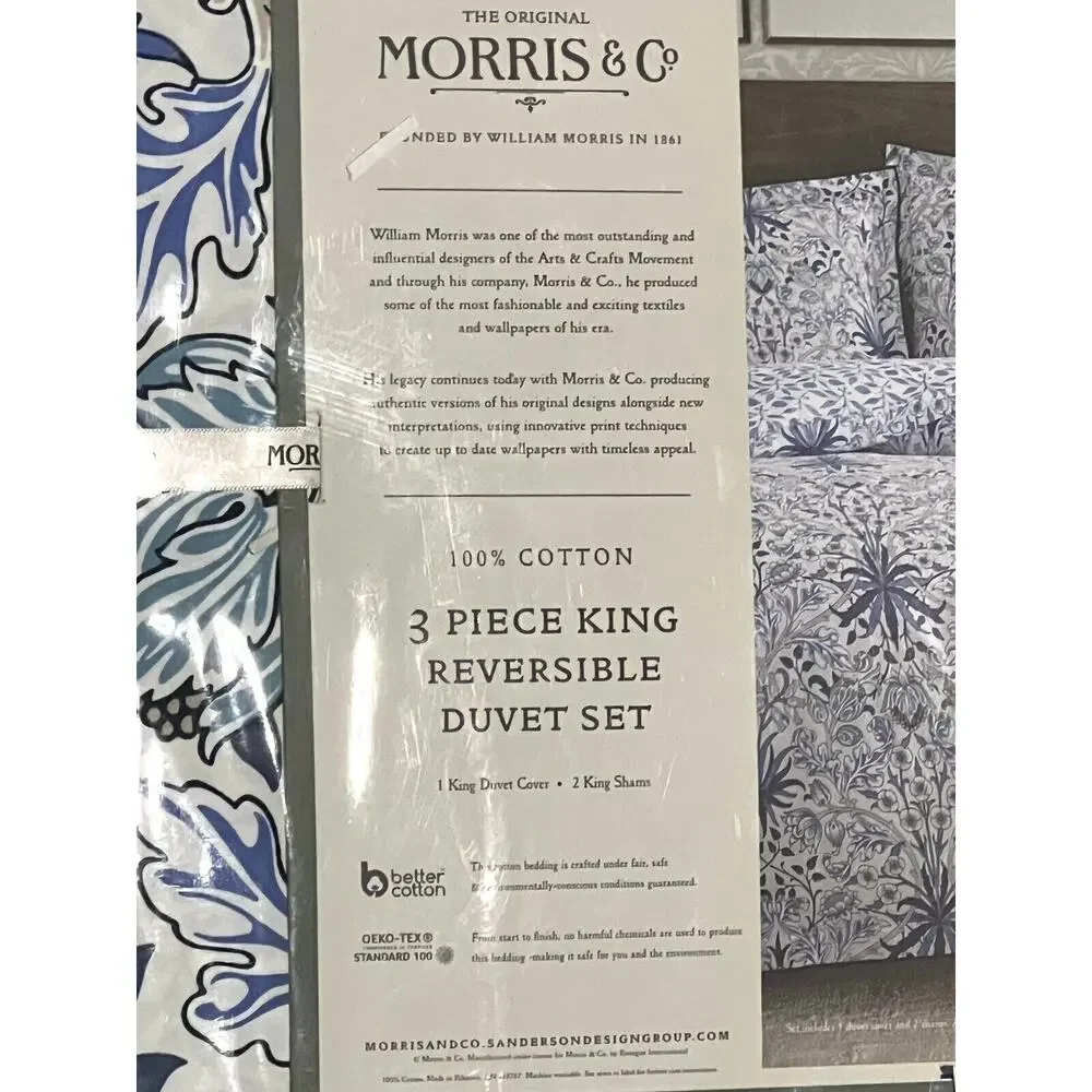 William MORRIS & CO. KING Duvet Cover Set Blue White Reversible COTTON
